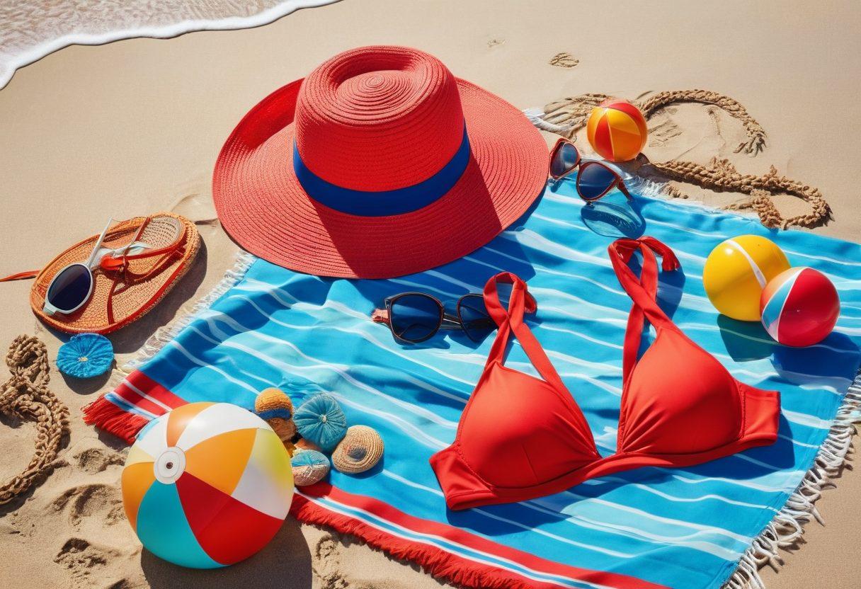 A sun-soaked beach scene featuring a vibrant red bikini laid out on a colorful beach towel, surrounded by stylish beach accessories like sunglasses, a wide-brimmed hat, and a beach ball. In the background, waves gently lap at the shore with a clear blue sky above, evoking a feeling of summer relaxation and fun. super-realistic. vibrant colors. summer aesthetic.